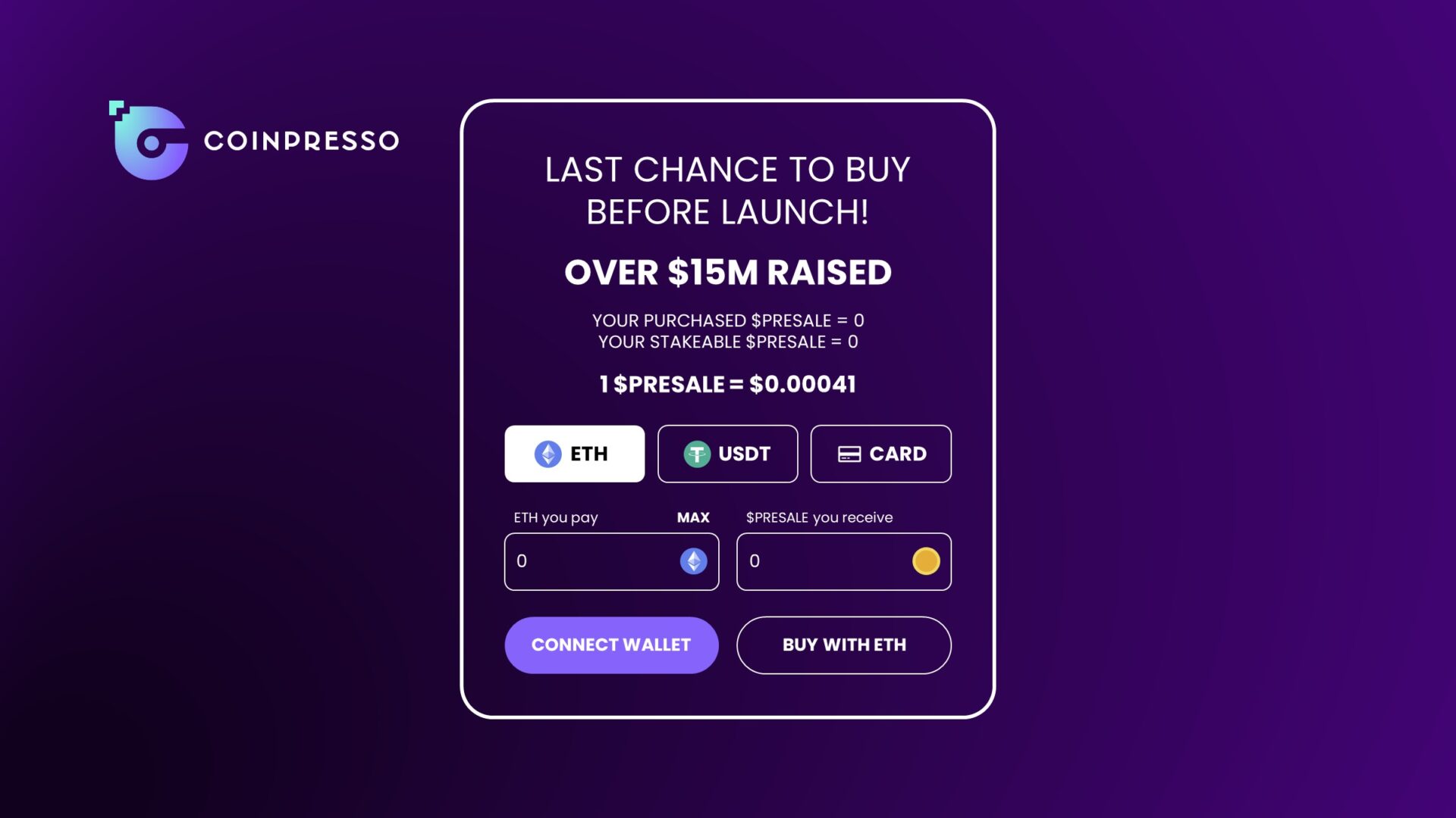Generally, crypto pre-sales will require users to trade popular cryptocurrencies like ETH and USDT for tokens. 