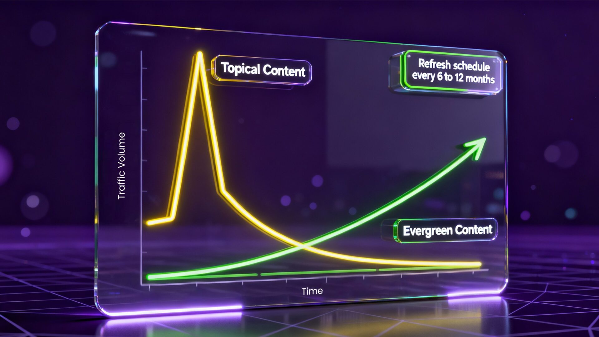 Chart comparing topical content spike vs evergreen content growth over time